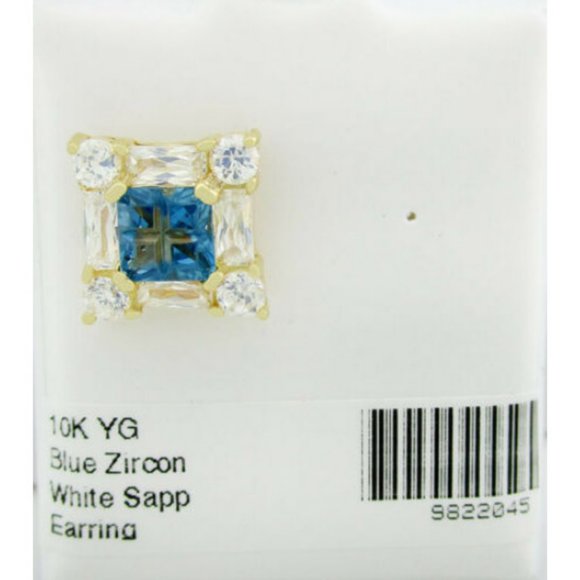 Blue Zircon & White Sapphires Stud Single Earring 10k Gold